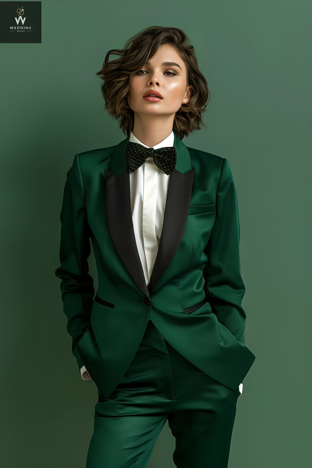 Green Tuxedo Suit for Women Elegant Two Piece Green Black Suit