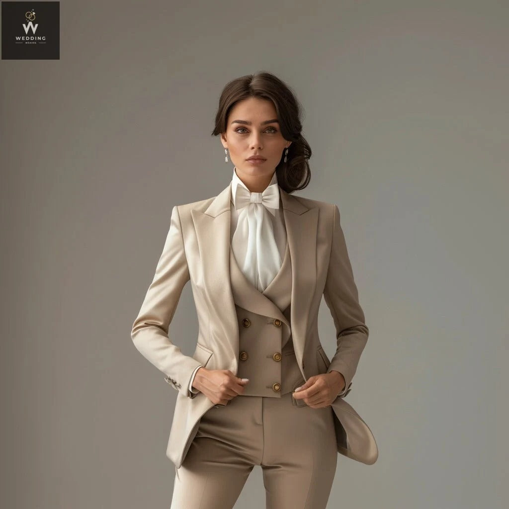 Beige Women s Three Piece Tuxedo Suit Elegant Dressy Pant Suit Wedding Weaves