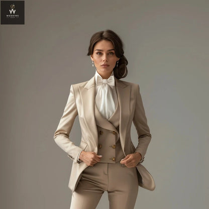 Beige Women's Three-Piece Tuxedo Suit - Elegant Dressy Pant Suits & Formal Wear