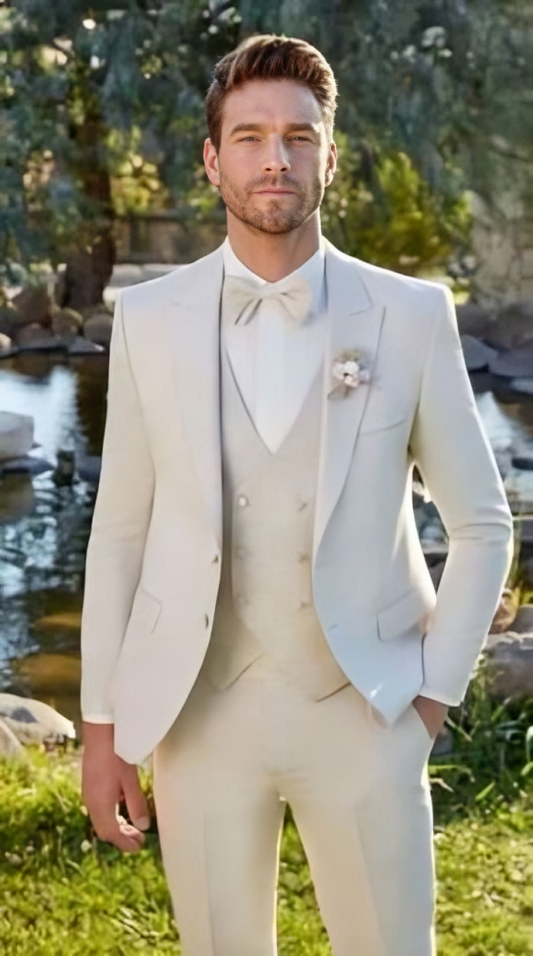 Men's Slim Fit Cream Designer 3-Piece Suit - Wedding, Engagement, Prom, & Party Wear