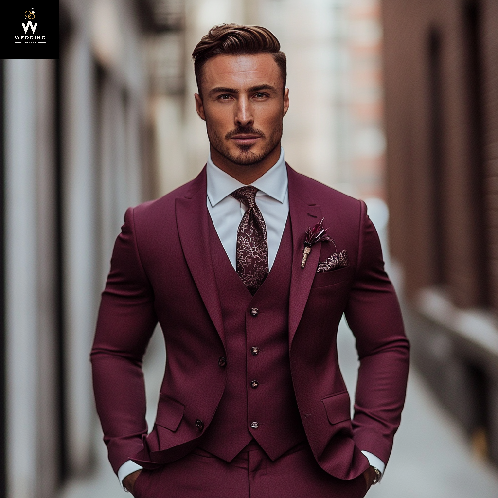 Men's 100% Merino Wool Burgundy 3-Piece Suit – Perfect for Winter Weddings and Groom Attire