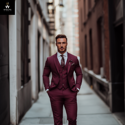 Men's 100% Merino Wool Burgundy 3-Piece Suit – Perfect for Winter Weddings and Groom Attire