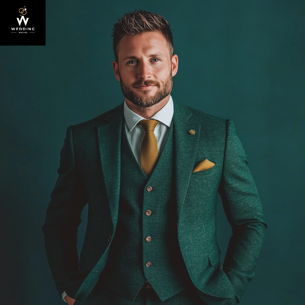 Men's  Green 100% Merino Wool Three-Piece Suit – Vintage Wedding Suit for Winter, Groom & Groomsmen Attire