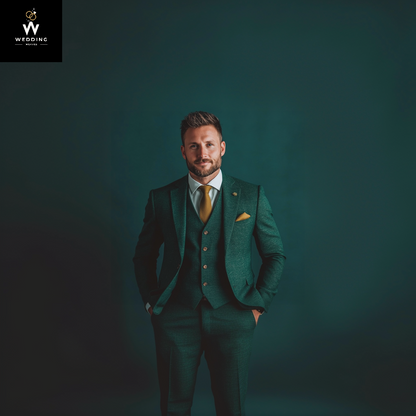 Men's  Green 100% Merino Wool Three-Piece Suit – Vintage Wedding Suit for Winter, Groom & Groomsmen Attire