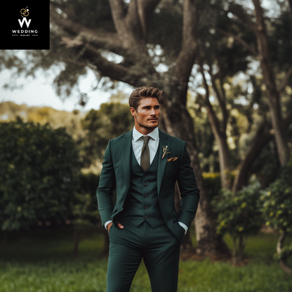 Men's 100% Merino Wool Three-Piece Green Suit – Wedding, Engagement, Prom, Groom & Groomsmen Attire