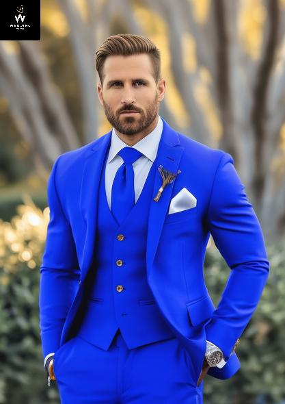 Men's 100% Merino Wool Royal Blue Three-Piece Suit – Perfect for Winter Wear, Casual Wear, and Groomsmen