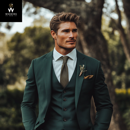 Men's 100% Merino Wool Three-Piece Green Suit – Wedding, Engagement, Prom, Groom & Groomsmen Attire