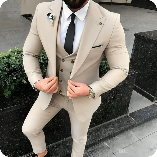 Custom Tailored Men's Beige Three-Piece Suit - Bespoke Wedding Attire for Grooms and Guests