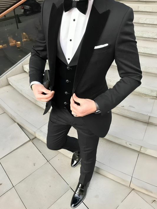 Luxury Men's Black Velvet Three-Piece Tuxedo – Perfect for Weddings, Engagements, Proms, Grooms & Groomsmen