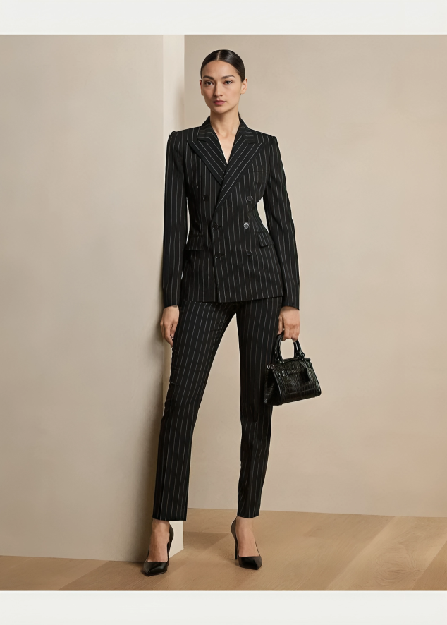 Custom Black Stripe Double-Breasted Suit for Women | Stylish Office, Business, Wedding, and Prom Trouser Outfit