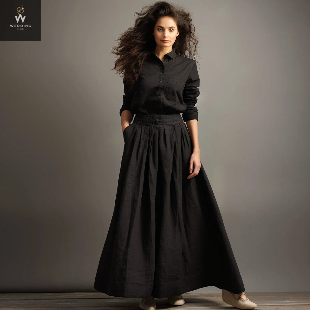 Women's Black Linen Midi Skirt with Pockets | Below Knee Skirt for Women