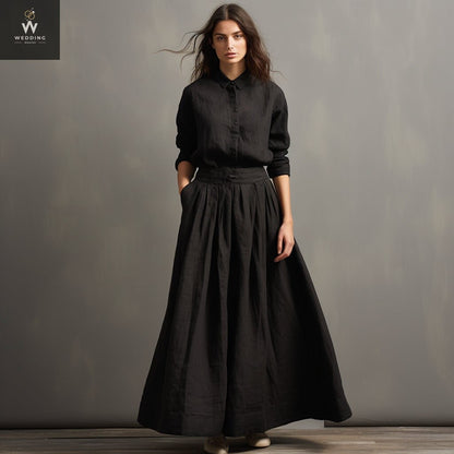 Women's Black Linen Midi Skirt with Pockets | Below Knee Skirt for Women