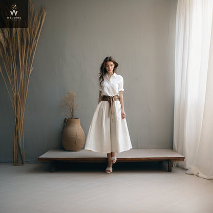 White Linen Midi Skirt with Pockets for Women