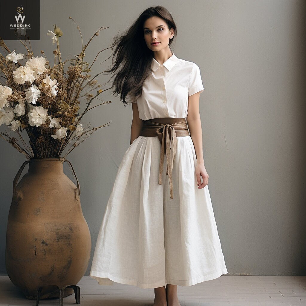 White Linen Midi Skirt with Pockets for Women