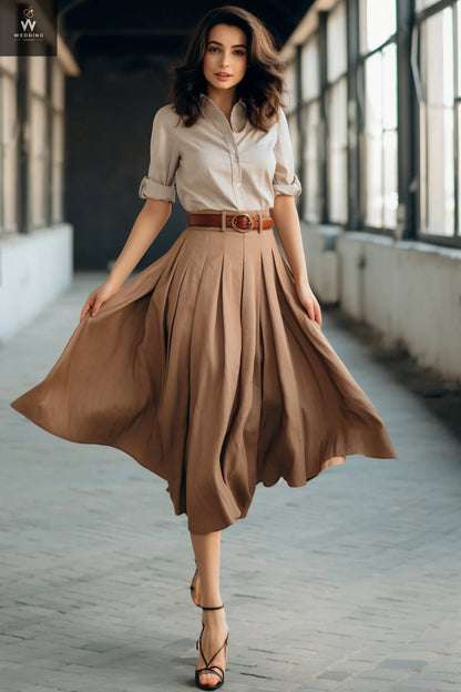 Brown Linen Skirt with Pockets for Women | Below Knee Pleated Skirt