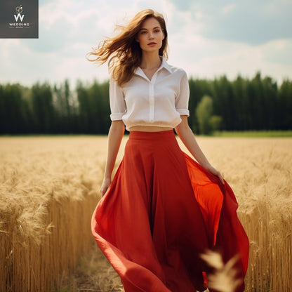 Red Linen Midi Skirt with Pockets for Women - Bridesmaid & Wedding Skirt