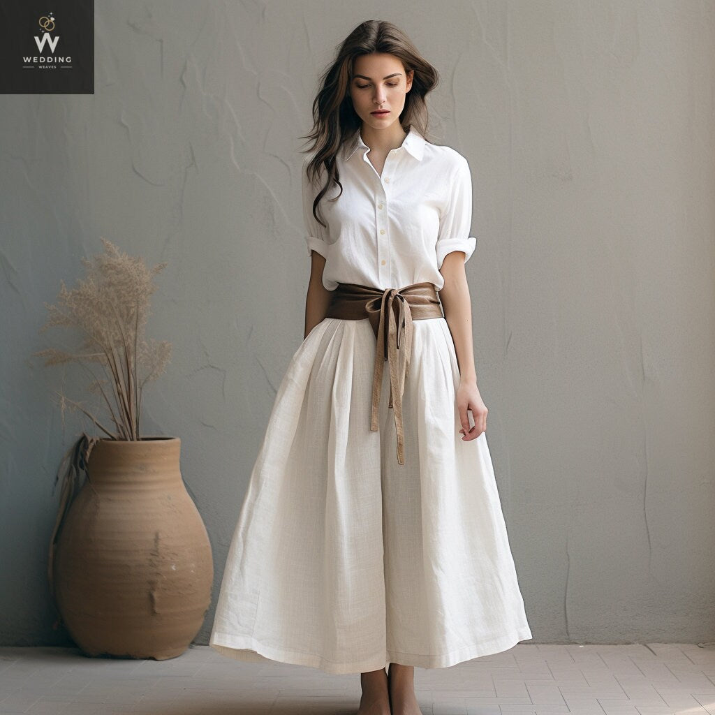 White Linen Midi Skirt with Pockets for Women