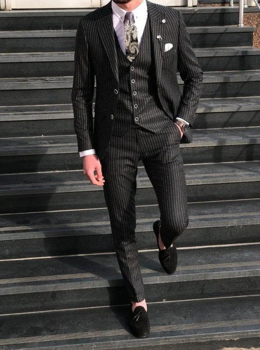 black pinstripe three piece suit