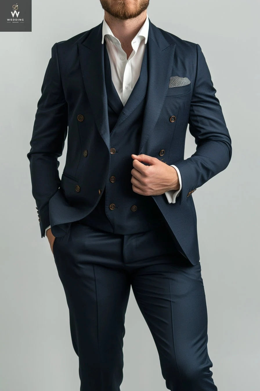 Navy blue three piece suit