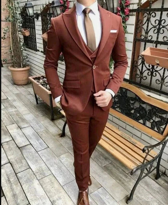 brown three piece suit