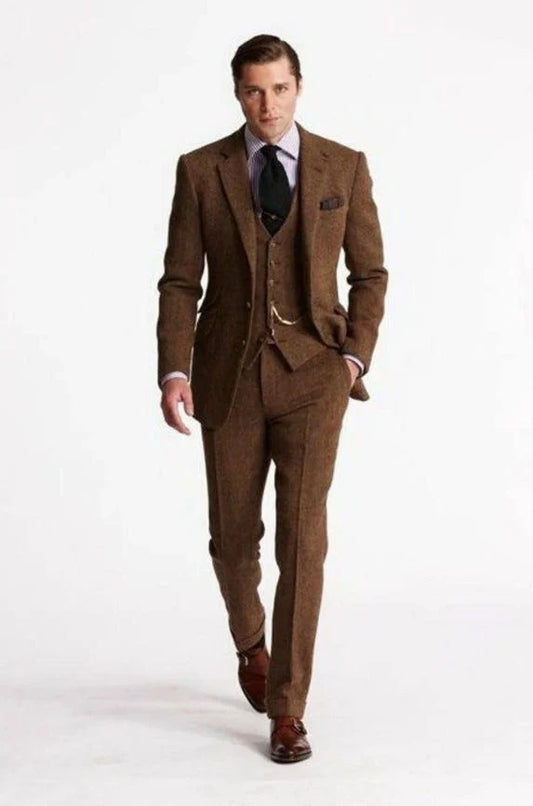 Custom Men's Brown Wool Three-Piece Suit | Brown Suit for Weddings & Engagements