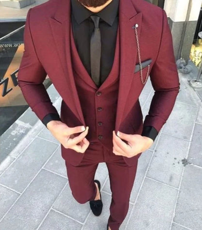 Three-Piece Custom Burgundy Suit for Men - Elegant Wedding & Engagement Attire