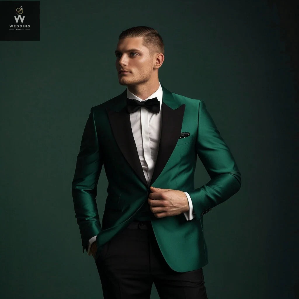 Stylish Men's Green Tuxedo Suit – Green & Black Bespoke Wedding Attire, Custom Tailored Suits