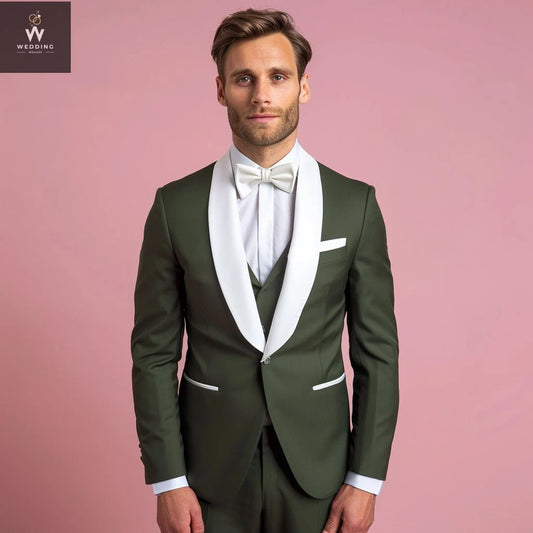 Men's Green Tuxedo Suit – Green & White Bespoke 3-Piece Wedding Attire, Custom Tailored Suits