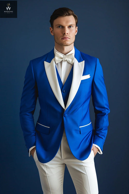 Men's Stylish Blue Tuxedo Suit – Blue & White Bespoke Wedding Attire, Custom Tailored Suits