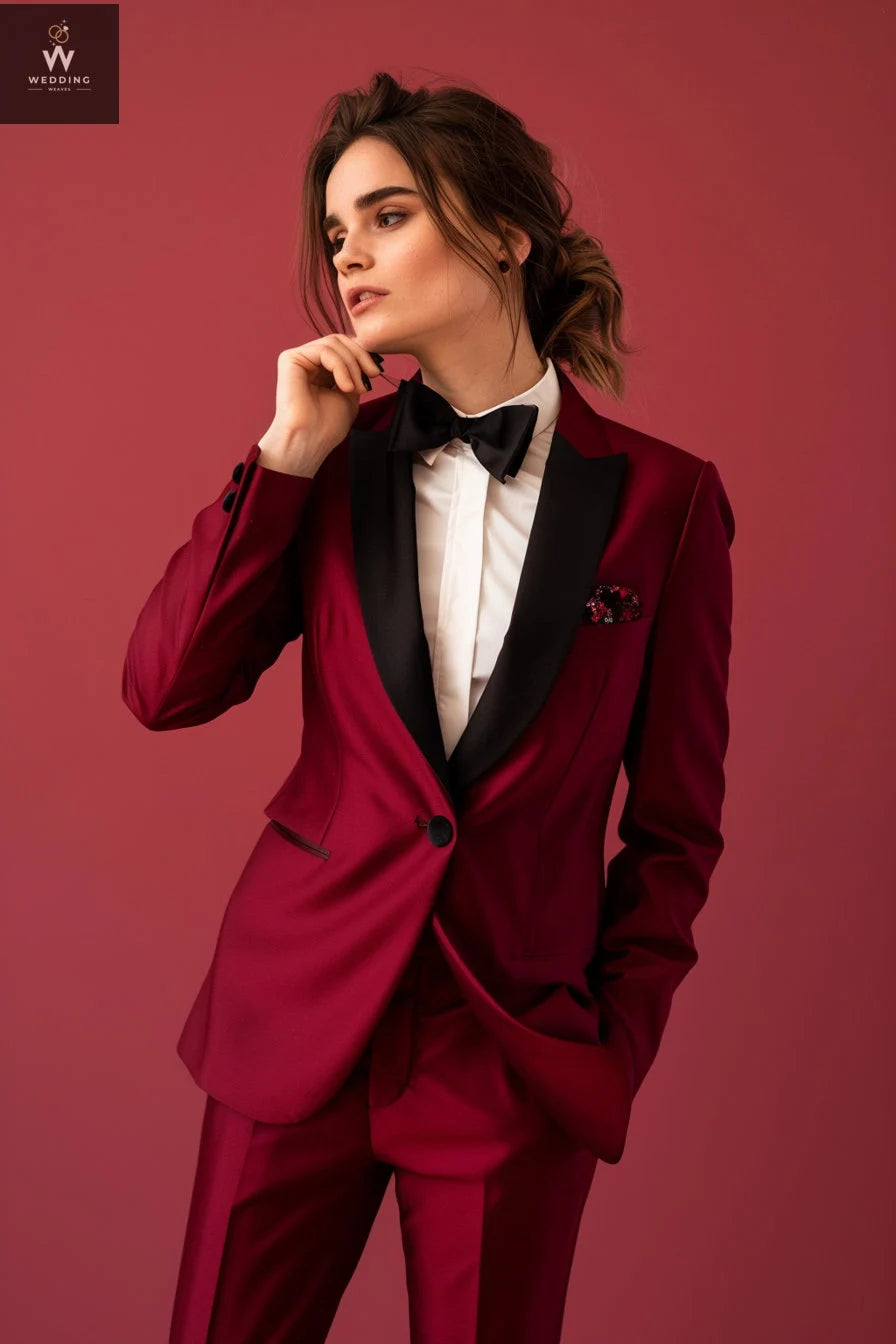 Burgundy Tuxedo Suit for Women – Burgundy & Black Two-Piece Wedding Attire