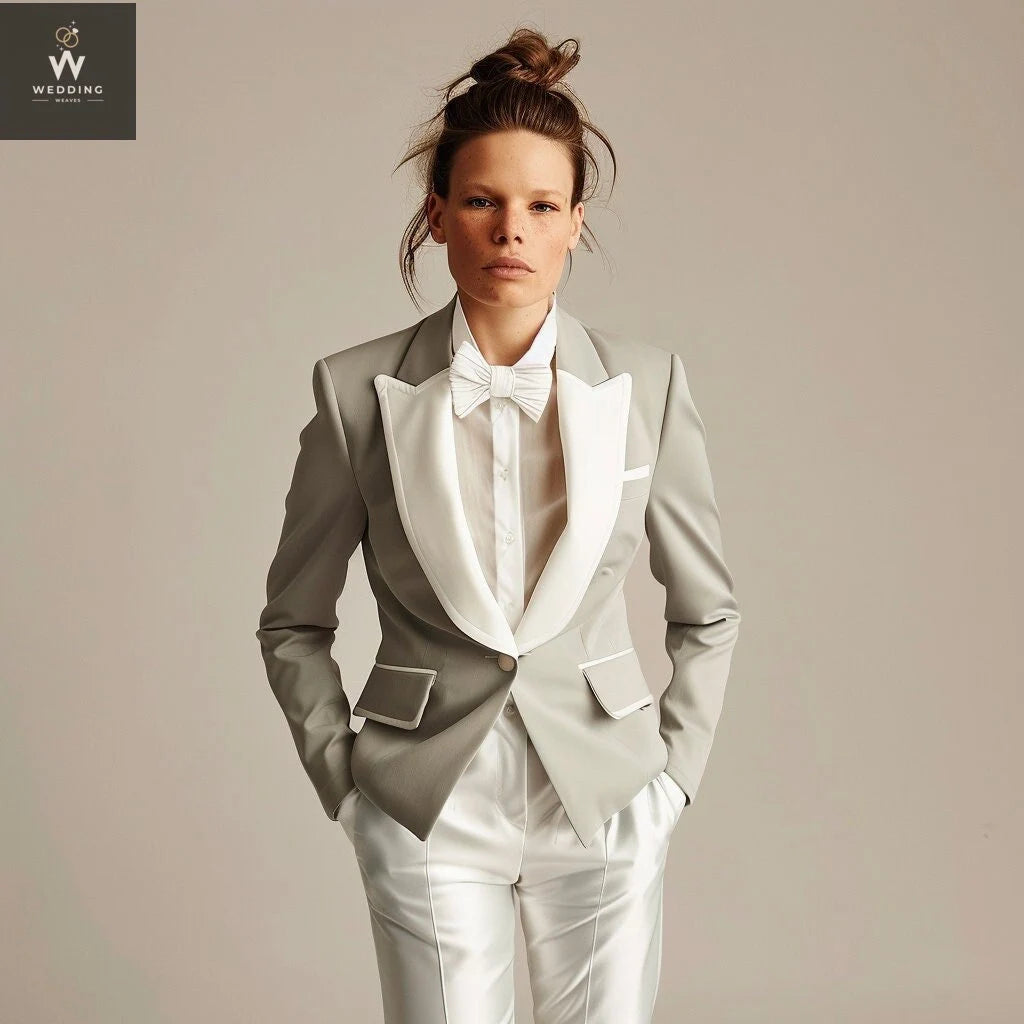 Grey Tuxedo Suit for Women – Grey & White Two-Piece Wedding Attire