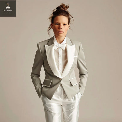 Grey Tuxedo Suit for Women – Grey & White Two-Piece Wedding Attire