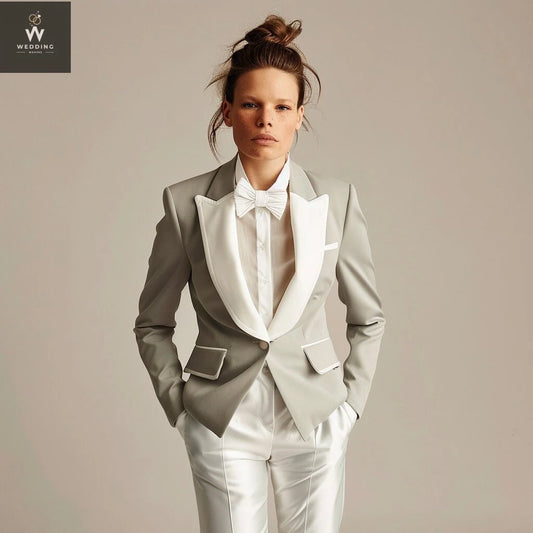 Grey Tuxedo Suit for Women – Grey & White Two-Piece Wedding Attire