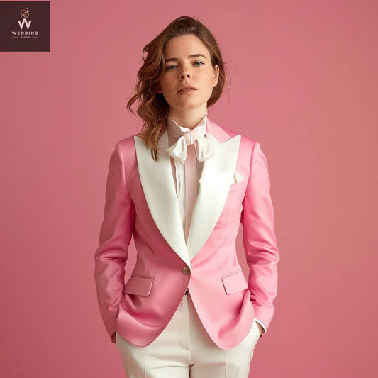 Pink Tuxedo Suit for Women – Pink & White Two-Piece Wedding Attire