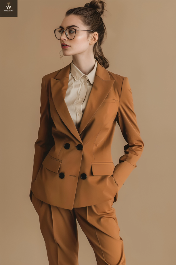 Brown Double-Breasted Two-Piece Suit for Women - Elegant Wedding Suit, Dressy Pant Suit & Formal Wear