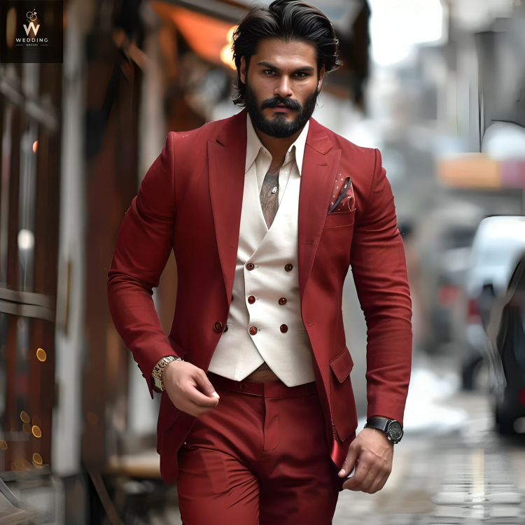 Red and white three piece suit