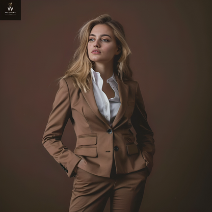 Brown Two-Piece Suit for Women - Elegant Wedding Suit Set, Dressy Pant Suit & Formal Wear