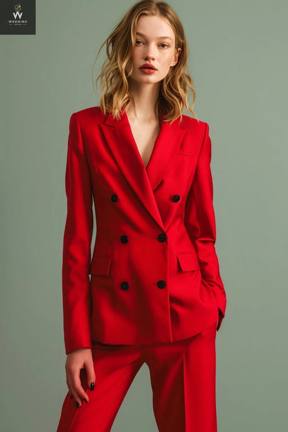 Red Two-Piece Double-Breasted Pant Suit for Women - Elegant Wedding Suit, Dressy Formal Wear